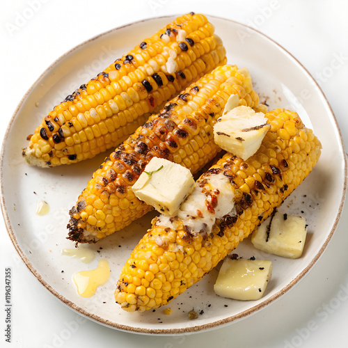 A plate of grilled corn on the cob with melted butter, isolated on a white backgroun photo