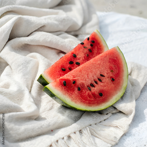 A cold slice of watermelon on a picnic blanket photo