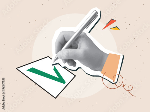 A black and white hand puts a green tick in a check box with a pen. Modern photo collage style. Vector illustration