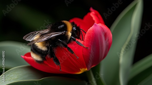 Close-up of a bumblebee collecting nectar from a vibrant red tulip in a garden setting