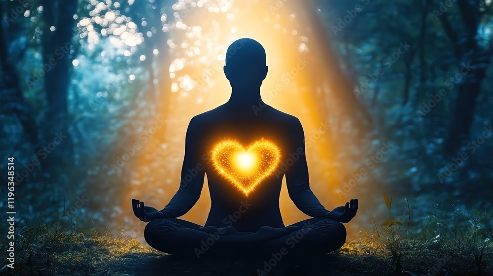 Meditating figure with glowing heart symbol Meditative silhouette radiating inner peace. Meditating figure with glowing heart symbol Meditative silhouette radiating inner peace.