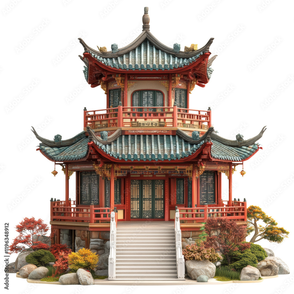 Fototapeta premium A meticulously detailed 3D rendering of a traditional red Chinese pavilion situated within a tranquil garden setting.