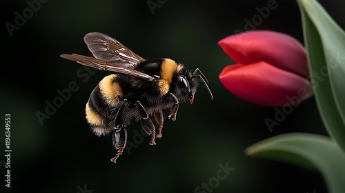 Close-up of a bumblebee hovering near a vibrant tulip, showcasing nature's beauty in springtime