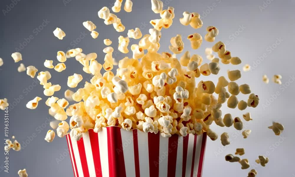 Airborne popcorn set against a white background, complete with a clipping path, photographed in macro