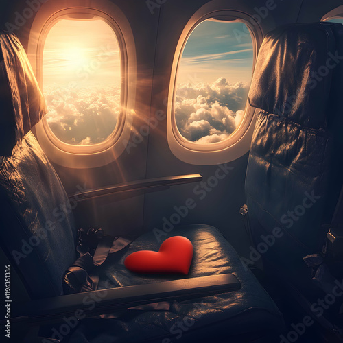 Red heart inside an airplane. Concept of Love, Valentine's Day and Mother's Day.