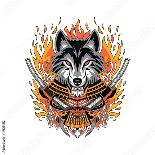 A fierce black wolf's head with red eyes, surrounded by flames.