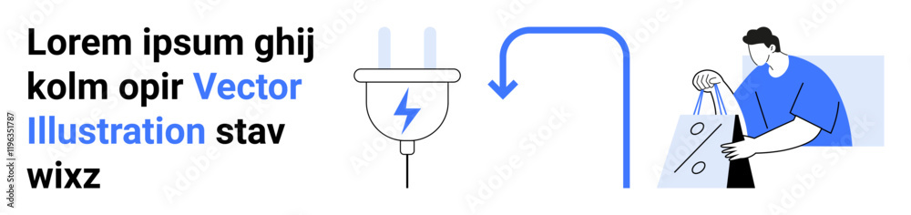 Plugging in an electrical device with a blue arrow indicating usage and a man holding a shopping bag with a percentage sign. Ideal for technology, e-commerce, online shopping, energy consumption Plugging in an electrical device with a blue arrow indicating usage and a man holding a shopping bag with a percentage sign. Ideal for technology, e-commerce, online shopping, energy consumption