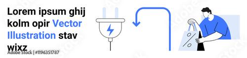 Plugging in an electrical device with a blue arrow indicating usage and a man holding a shopping bag with a percentage sign. Ideal for technology, e-commerce, online shopping, energy consumption