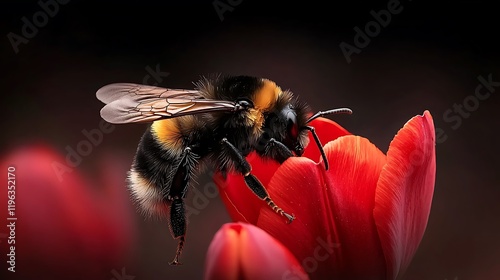 Close-up of a bumblebee pollinating a vibrant red flower against a dark background