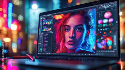 Using a laptop, drawing pen, and tablet, a graphic designer creates digital artwork. 