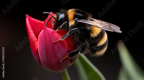 Close-up of a bumblebee pollinating a vibrant red tulip against a dark background (1)
