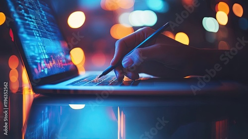 Using a laptop, drawing pen, and tablet, a graphic designer creates digital artwork. 