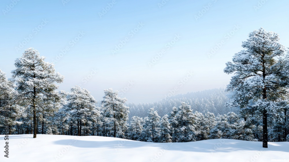 Serene winter landscape with snow-covered trees and clear sky. Serene winter landscape with snow-covered trees and clear sky.