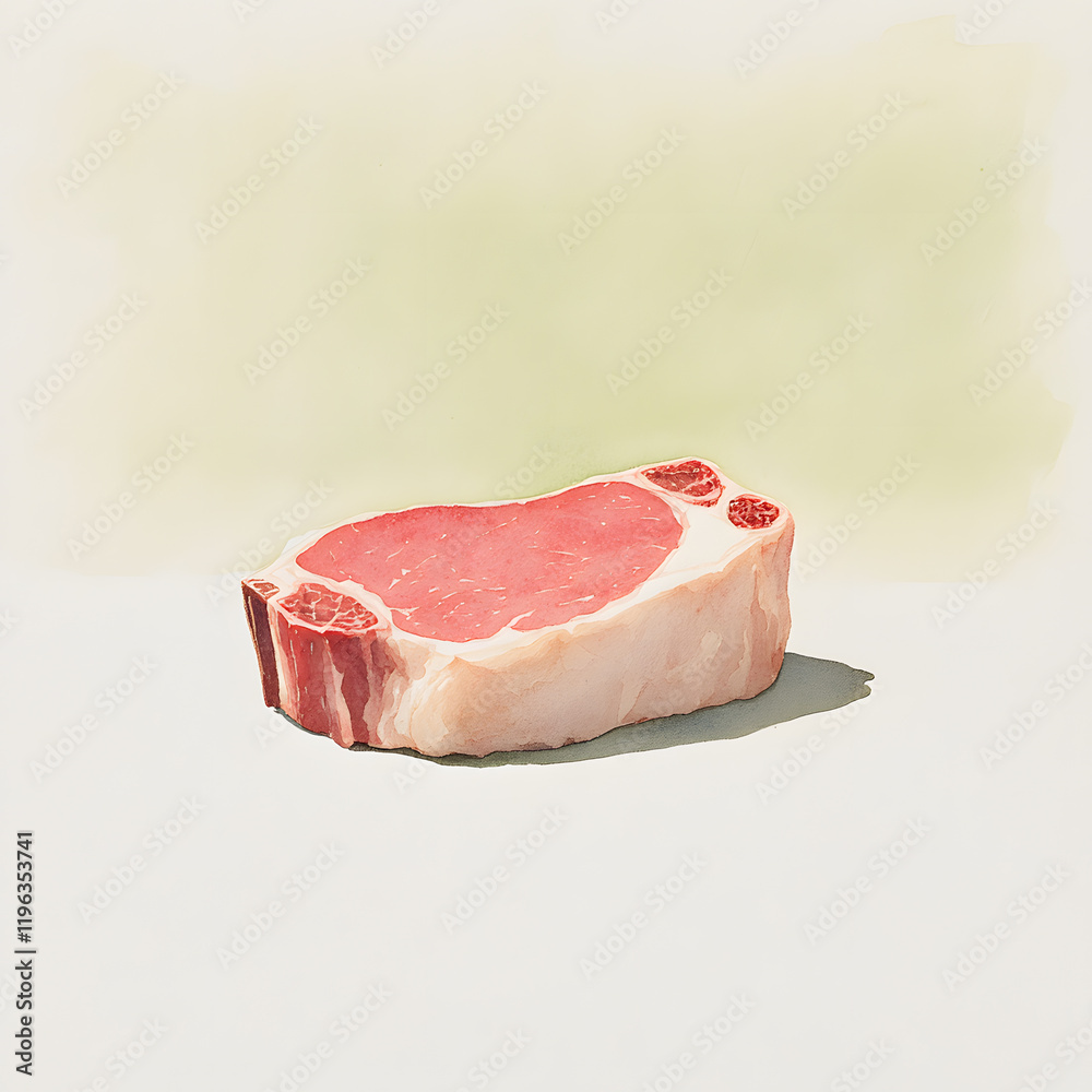 A detailed watercolor painting of a lamb steak, with tender pink and deep red tones complemented by creamy marbling. The edges are lightly browned, adding a rustic touch. The background features A detailed watercolor painting of a lamb steak, with tender pink and deep red tones complemented by creamy marbling. The edges are lightly browned, adding a rustic touch. The background features