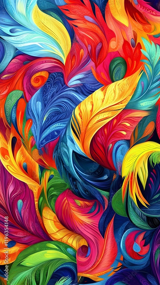 5. A Brazilian carnival fabric design with swirling patterns of feathers in bright tropical colors 5. A Brazilian carnival fabric design with swirling patterns of feathers in bright tropical colors