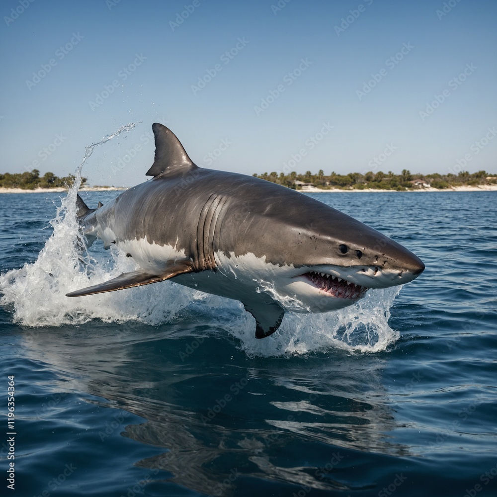Fototapeta premium A great white shark charging through a current, its movement rippling on a white background.