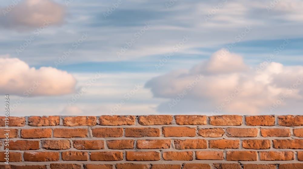 A low red brick wall with defined mortar joints, contrasted by a peaceful sky filled with soft clouds in the background A low red brick wall with defined mortar joints, contrasted by a peaceful sky filled with soft clouds in the background