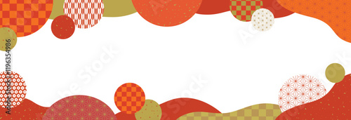 和柄パターンのサークルとウェーブの和風バナー背景/横長・朱色