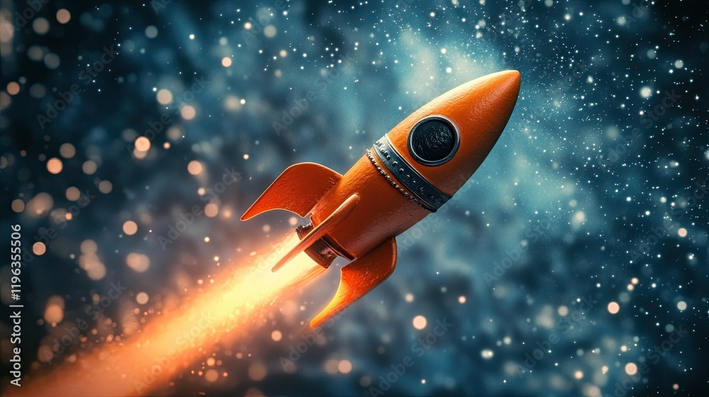 Toy Rocket Flying in Space with Copy Space as the Background Toy Rocket Flying in Space with Copy Space as the Background