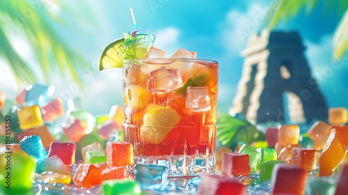 A refreshing tropical drink surrounded by jelly cubes and gummies with a famous stone structure backdrop photo