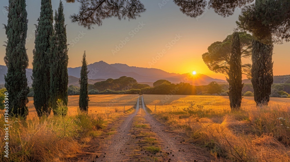 Golden Sunset Over Rural Countryside with Tree-Lined Pathway and Distant Mountains Golden Sunset Over Rural Countryside with Tree-Lined Pathway and Distant Mountains