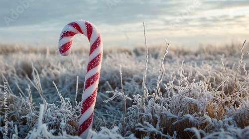 A sculpture made of candy cane stands in a field of grasses covered in frost