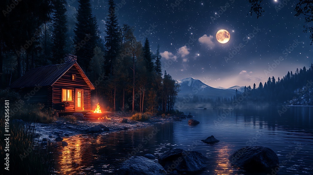 A secluded cabin by a glowing moonlit lake with a roaring fire inside
