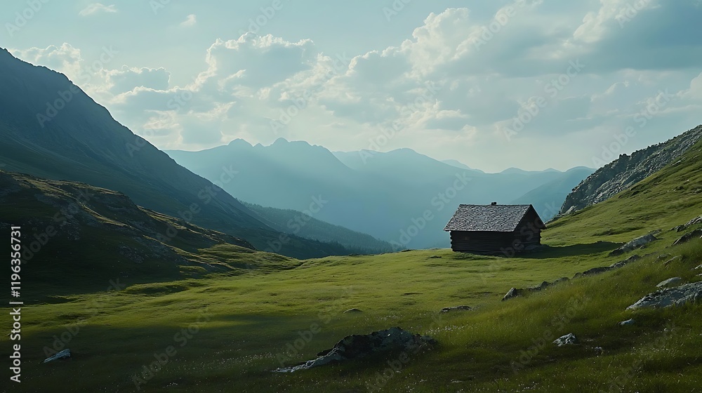 A serene mountain landscape with a small cabin nestled in the valley below
