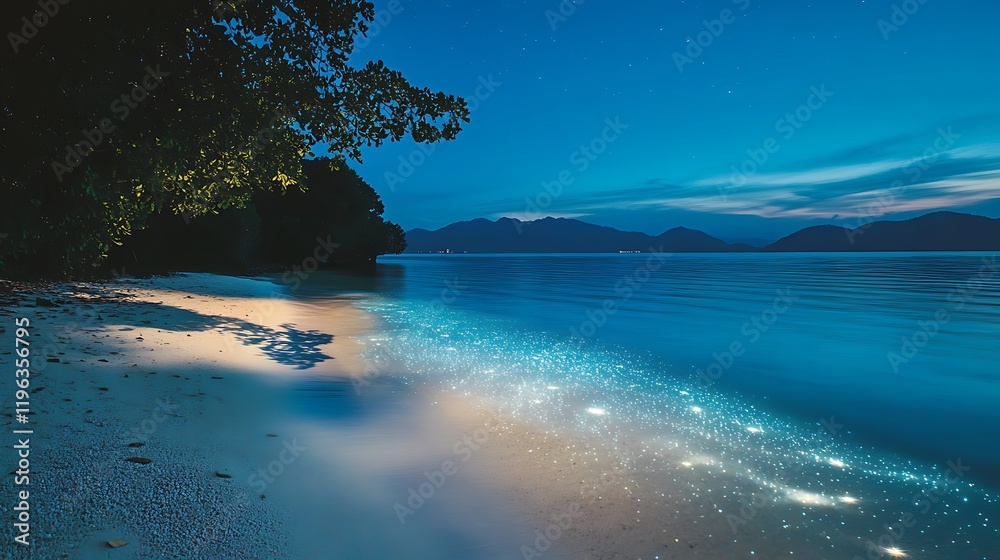 A serene beach with glowing coral reefs just below the surface visible through clear water