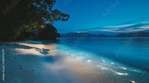 A serene beach with glowing coral reefs just below the surface visible through clear water