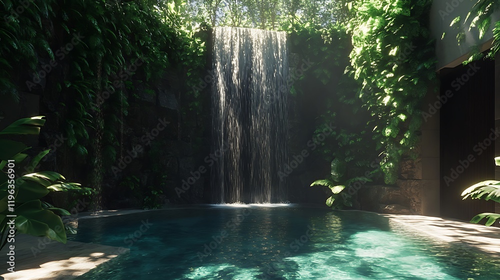 A serene waterfall flowing into a hidden crystal clear pool in a forest