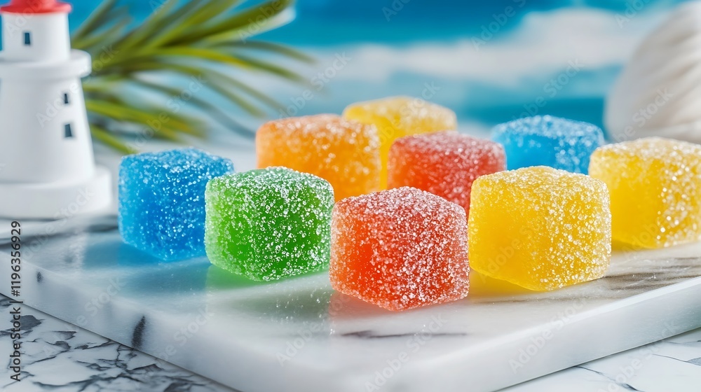 A set of chewy brightly colored gummies on a marble tray with a lighthouse in the background
