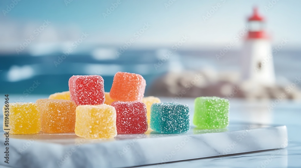 A set of chewy brightly colored gummies on a marble tray with a lighthouse in the background
