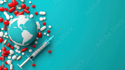 Global healthcare crisis, globe encircled by pills and syringe, symbolizing worldwide medicine treatment challenges