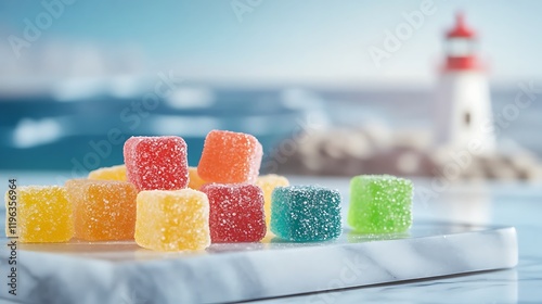 Obraz na płótnie A set of chewy brightly colored gummies on a marble tray with a lighthouse in the background w salonie