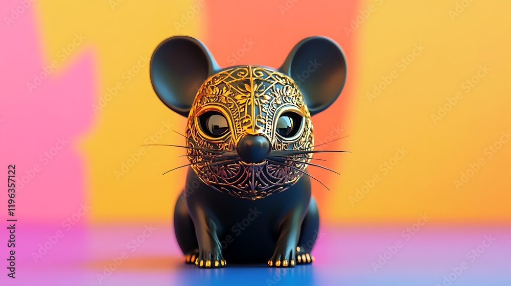 A shiny black plastic mouse with intricate gold mask isolated on a colorful background