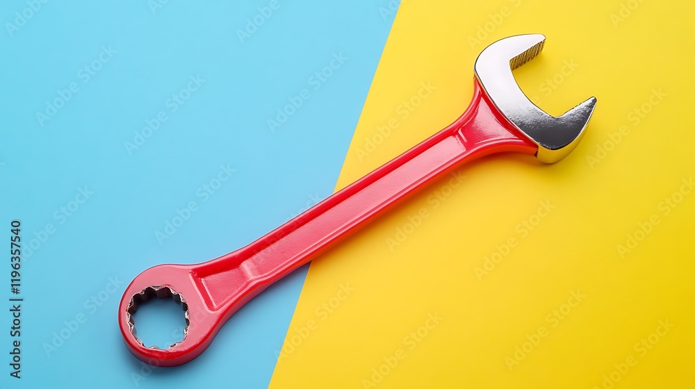 A shiny red plastic toy with chrome wrench isolated on a colorful background