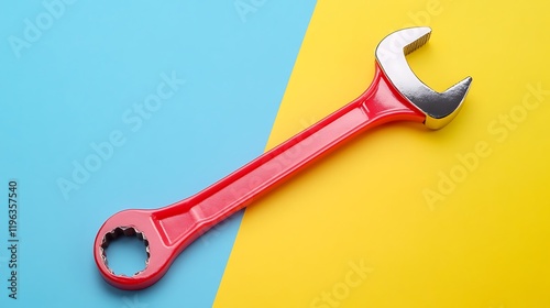 A shiny red plastic toy with chrome wrench isolated on a colorful background