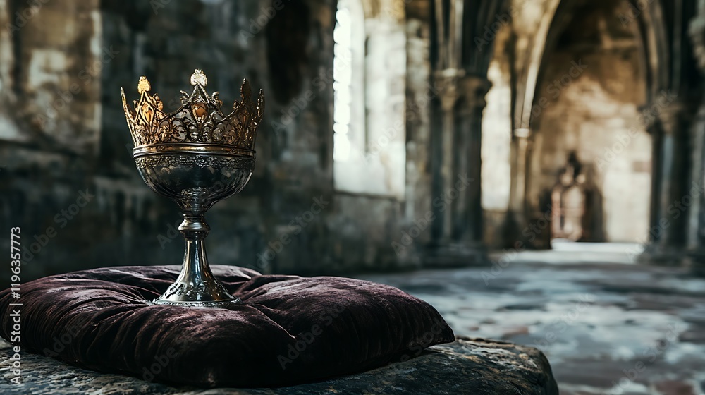 A silver chalice with a golden crown on a velvet pillow in a stone hall