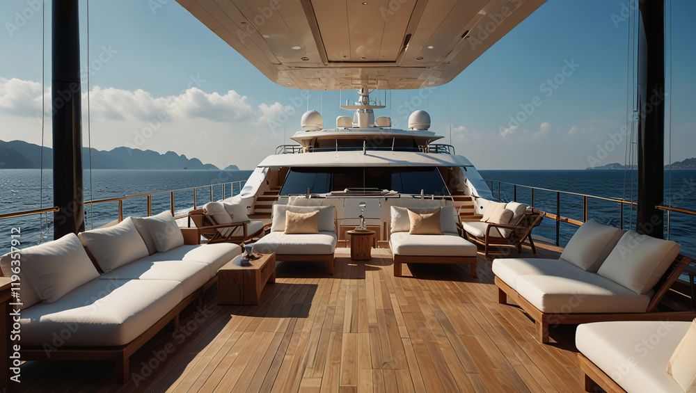 Fototapeta premium illustration The clean deck of a luxury yacht, lined with inviting lounge chairs under a clear sky