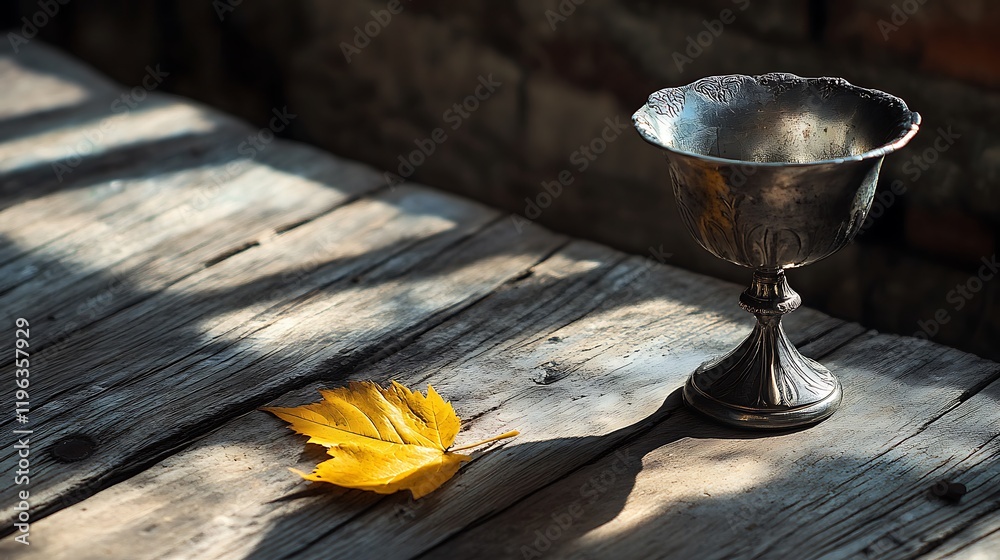A silver goblet with a golden leaf on the edge of a wooden table