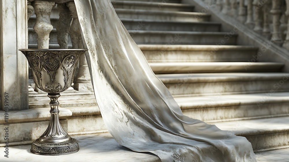 A silver goblet with a silk scarf on the marble steps of a grand palace
