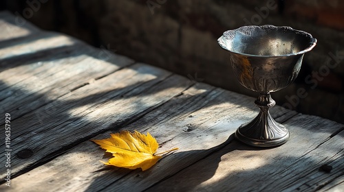 Obraz na płótnie A silver goblet with a golden leaf on the edge of a wooden table w salonie