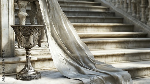 Obraz na płótnie A silver goblet with a silk scarf on the marble steps of a grand palace w salonie
