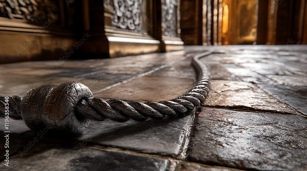 A silver rope on a royal hall stone floor with a wooden carving