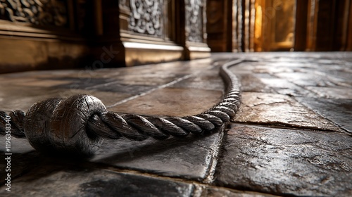 Obraz na płótnie A silver rope on a royal hall stone floor with a wooden carving w salonie