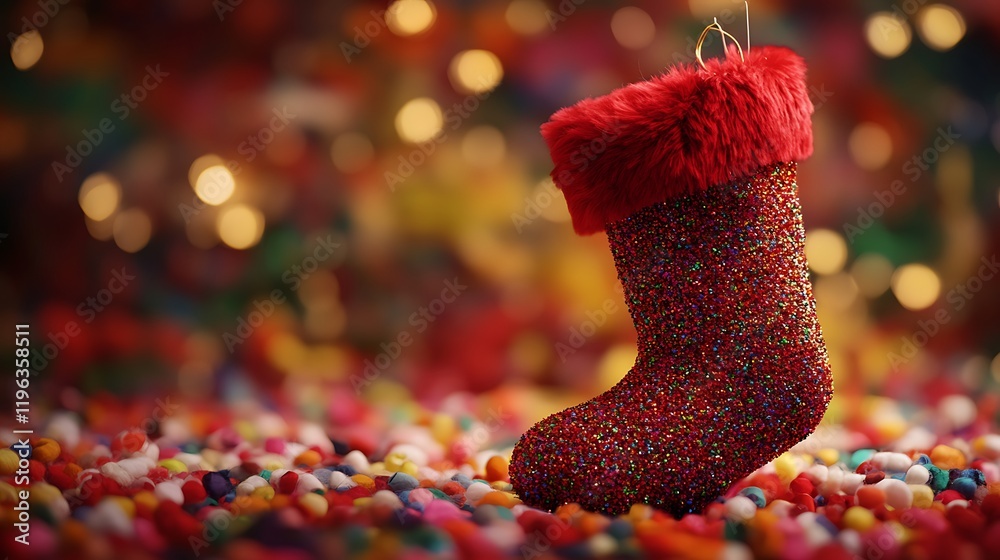 A simple sparkling christmas stocking set against a vibrant backdrop