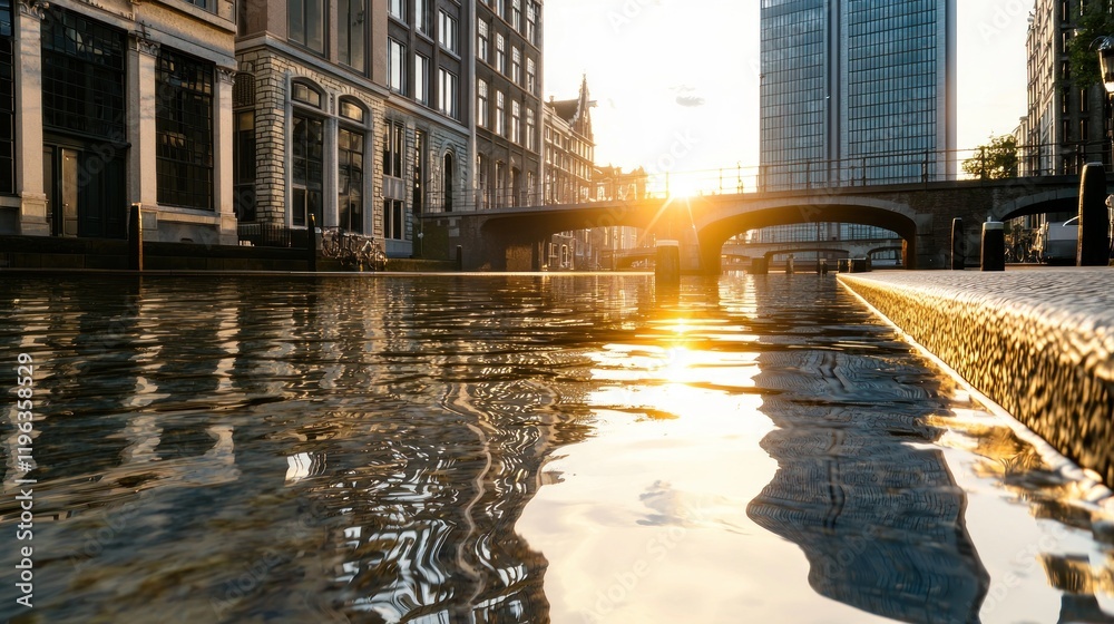 Serene urban canal at sunset with reflections and buildings. Serene urban canal at sunset with reflections and buildings.