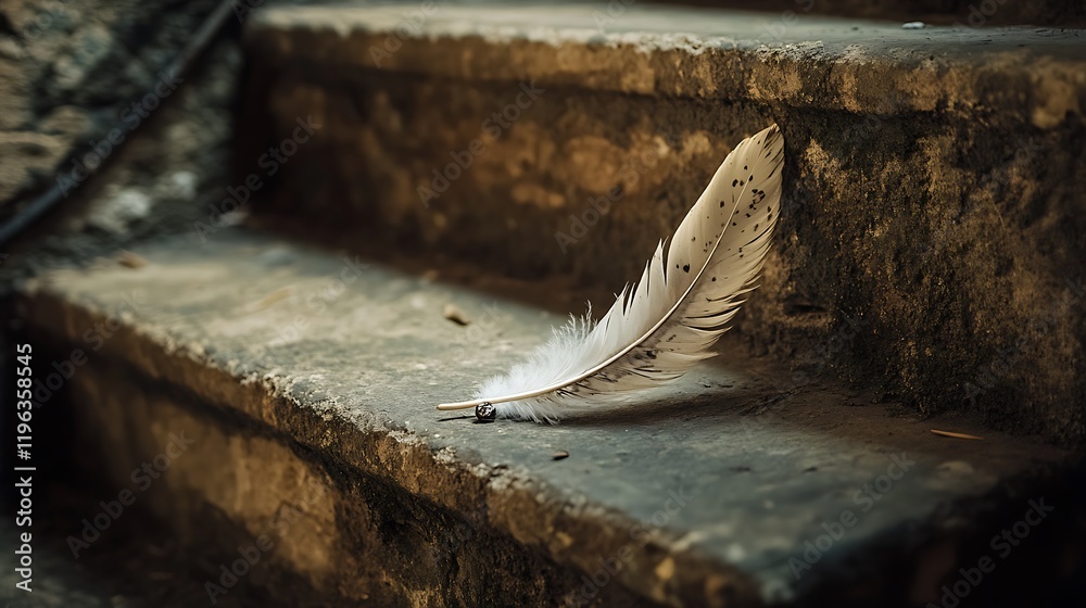 A single feather with a delicate stone necklace on a stone stairwell