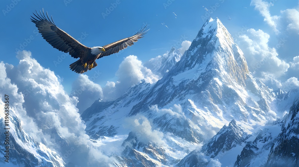 52. A large, majestic eagle flying high above a snow-covered mountain peak 52. A large, majestic eagle flying high above a snow-covered mountain peak